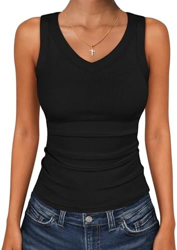ANRABESS Tank Tops for Women V Neck Ribbed Knit Slim Fitted Sleeveless Basic Tee Tanks Casual Sum... | Amazon (US)