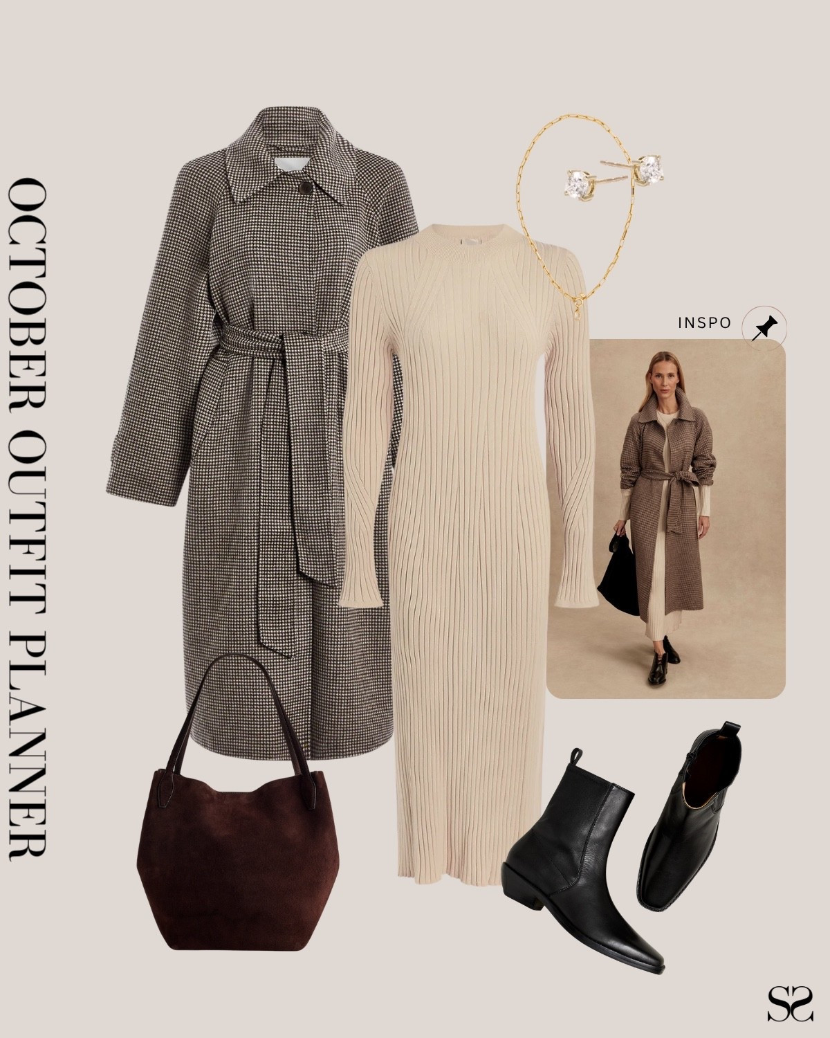 Monthly outfit planner OCTOBER: Fall outfits | sweater dress, houndstooth coat,  tote, ankle boots

#falloutfit #classicstyle #casualstyle 

Image inspo credit: Varley


#LTKStyleTip #LTKSeasonal
