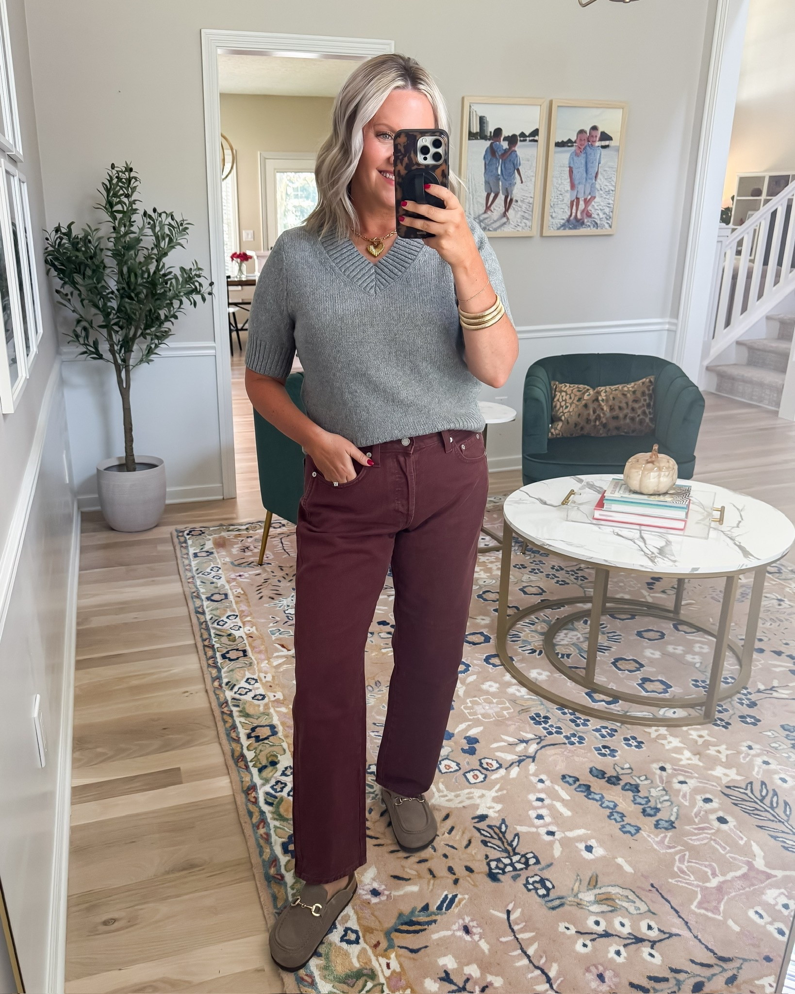 Burgundy and gray might be my favorite color pairing for fall 🤎 The short sleeve sweater keeps it perfect for warmer days, while the burgundy denim and loafers bring in those rich fall tones I’ve been waiting to wear.

burgundy jeans, gray sweater, fall outfit, burgundy outfit, short sleeve sweater, loafer outfit, casual fall style, fall color combination, everyday fall outfit, women’s fall fashion, lovelylifestyling

#LTKootd #LTKSeasonal #LTKOver40
