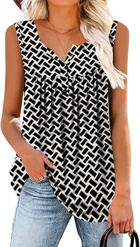 BETTE BOUTIK Womens Sleeveless Tunics Henley Shirts V-Neck Button Down Blouse Tank Tops Casual Pl... | Amazon (US)