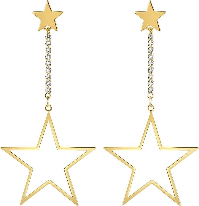 EARLLER Star Dangle Earrings - 14k Gold Plated Pentagram Drop Huggie Hoop With Hypoallergenic 925... | Amazon (US)