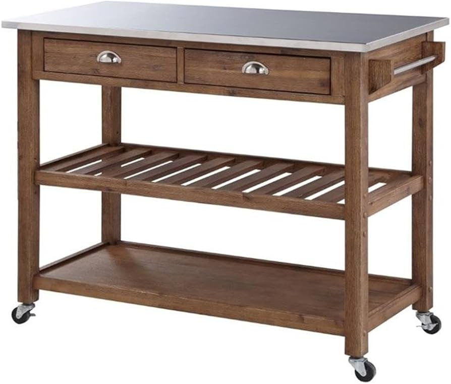 Pemberly Row 2-Drawer Farmhouse Wood Kitchen Cart, Barnwood Brown Wire-Brush Finish, Stainless St... | Amazon (US)