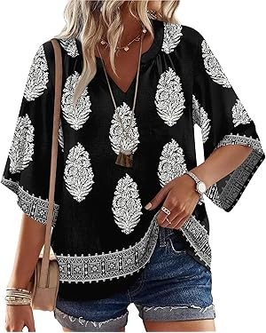 WIHOLL Boho Cute Summer Tops for Women 3/4 Sleeve Dressy Fashion V Neck Casual 2026 Business Beac... | Amazon (US)