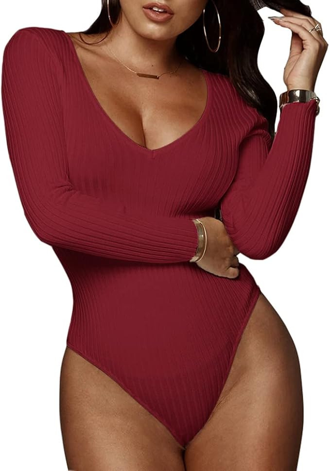 GEMBERA Women's Deep V Neck Long Sleeve Bodysuit Ribbed Knit Bodycon Basic Bodysuit Tops | Amazon (US)
