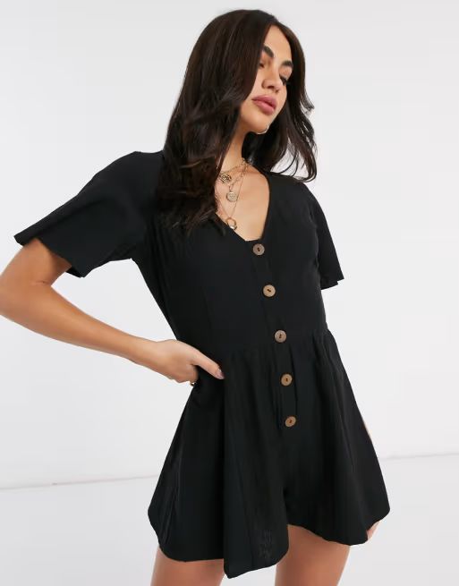 ASOS DESIGN linen swing romper with frill sleeve in black | ASOS US