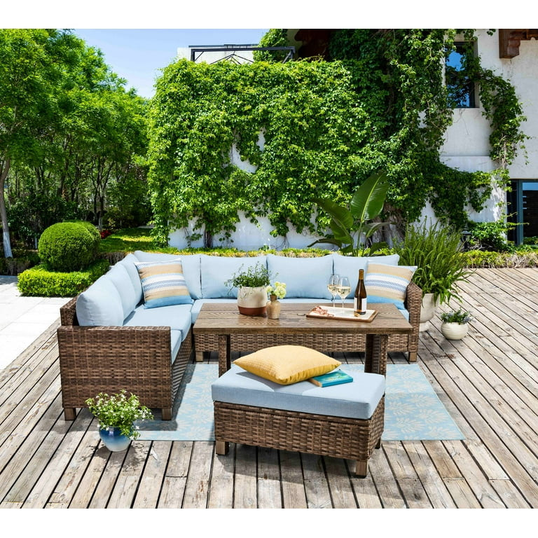 Better Homes & Gardens Brookbury 4-Piece Outdoor Wicker Patio Sectional Dining Set, Blue Cushions | Walmart (US)