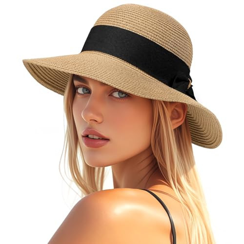 Beach Hats for Women - Wide Brim Sun Straw Hat for Women, UPF 50+ UV Sun Protection Sun Hat Womens, Floppy Sun Hat Foldable Roll up Cap, Khaki | Amazon (US)