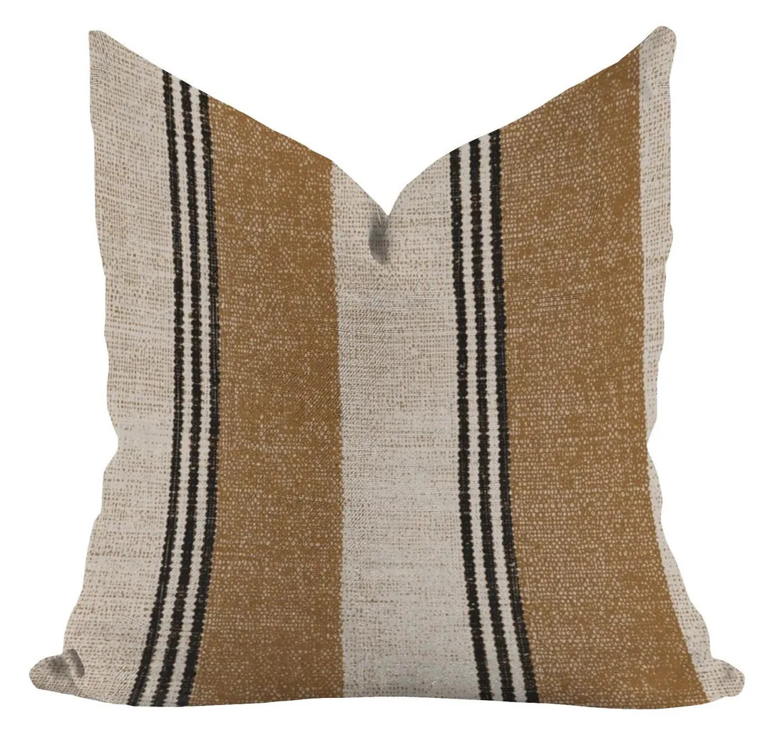 Striped Linen Pillow Cover: Golden Caramel & Black Ticking Stripe Cushions, Rustic Farmhouse Home... | Etsy (Global)