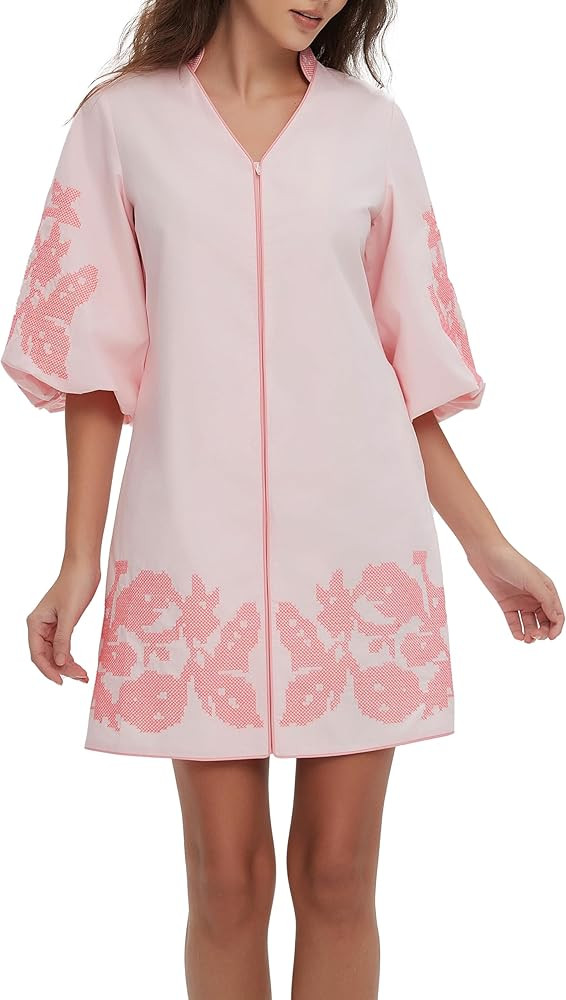 D-Sun Women Mini Dress Summer 3/4 Puff Sleeves Embroidery Floral Tunic Mini Dress V Neck Loose Zi... | Amazon (US)