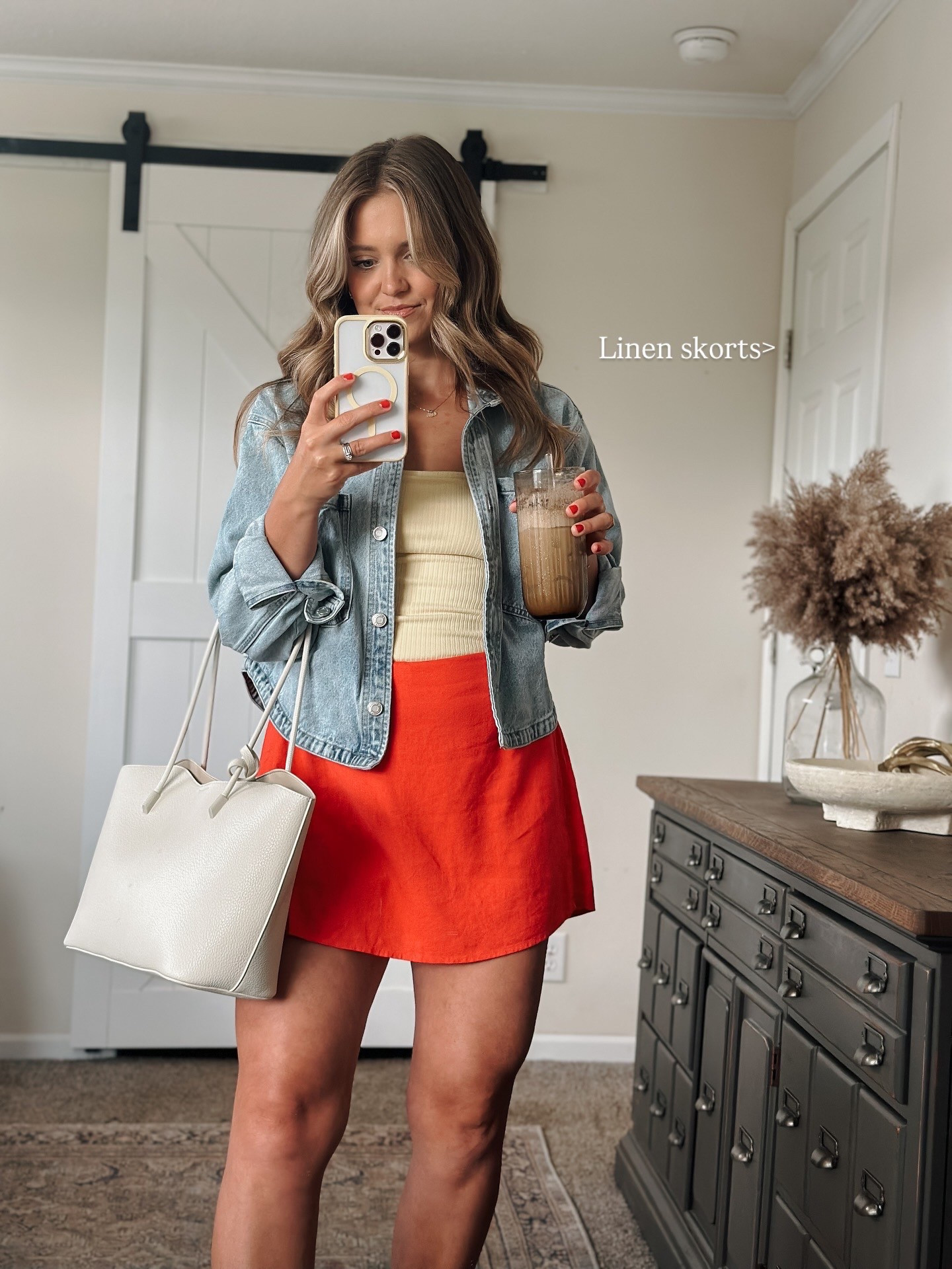 True side medium in linen skort, small tube top, jacket is a L from ferne boutique! My purse is tjmaxx! 