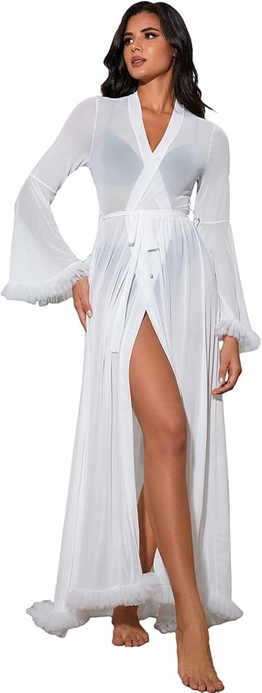 OYOANGLE Women's Ruffle Trim Long Sleeve Belted Sheer Mesh Wedding Bride Robe Nightgown | Amazon (US)