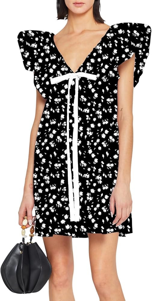 hibshaby Women's Floral Print Mini Dress V Neck Puff Sleeve Dress Short Babydoll Bow Dress | Amazon (US)