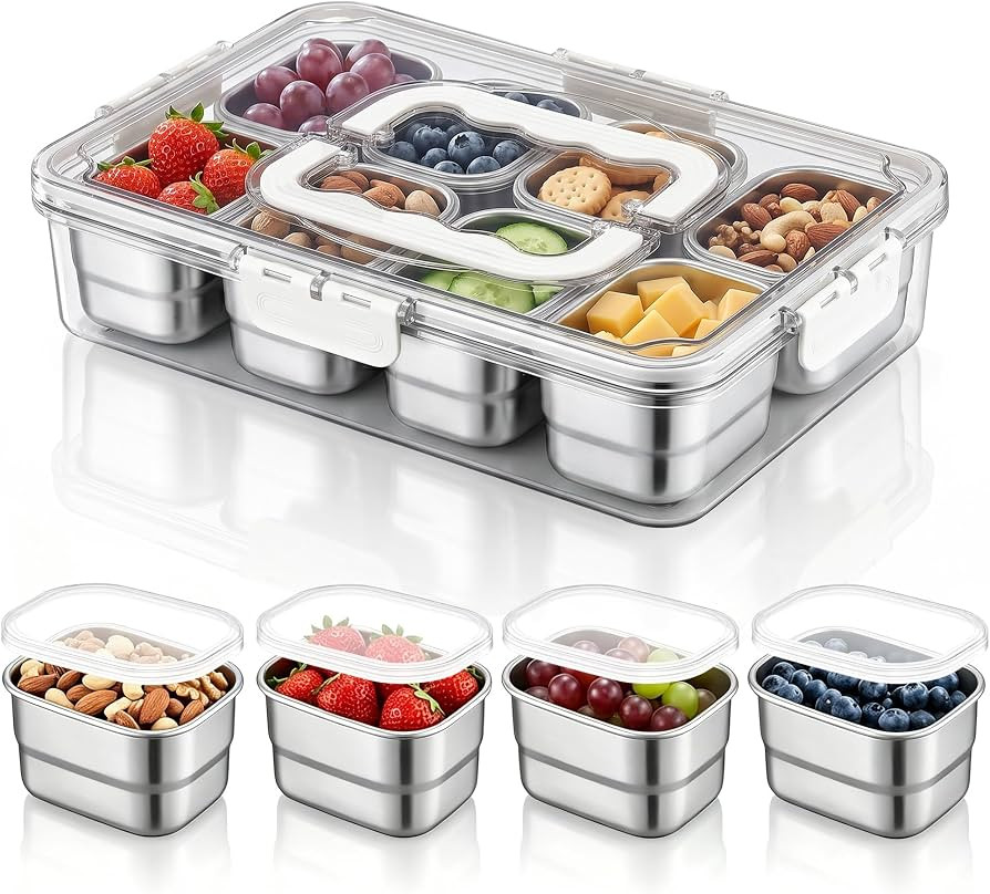 E-far Snackle Box Container, 8 Compartments Stainless Steel Snack Container, Portable Veggie Frui... | Amazon (US)