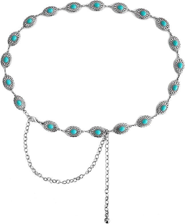 Women Western Belt Turquoise Chain Belt Concho Belts Adjustable Metal Waist Chain Belt for Jeans ... | Amazon (US)