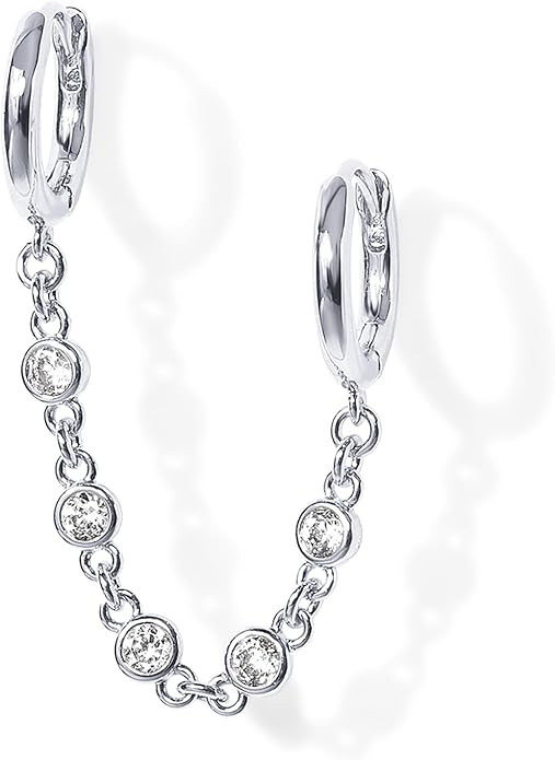 PAVOI 14K Gold Chain Earrings for Women | Double Piercing Dangle Chain Huggie Hoop Earrings | Cub... | Amazon (US)