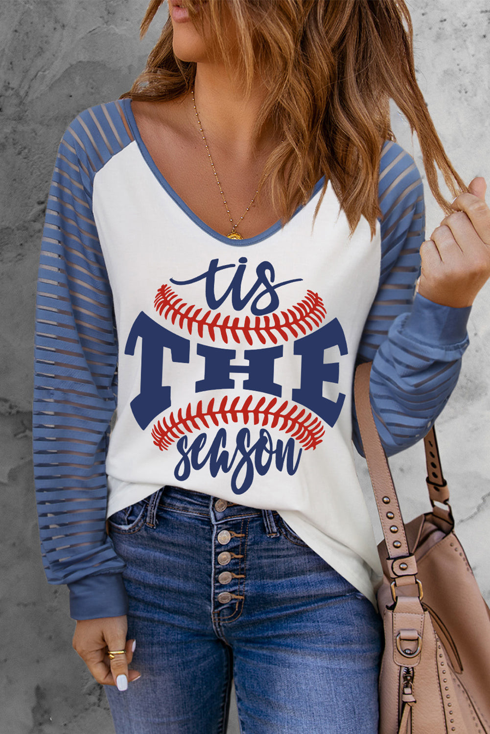Tis the Season Baseball Palm Leaves Patchwork Mesh Long Sleeve Top | Evaless