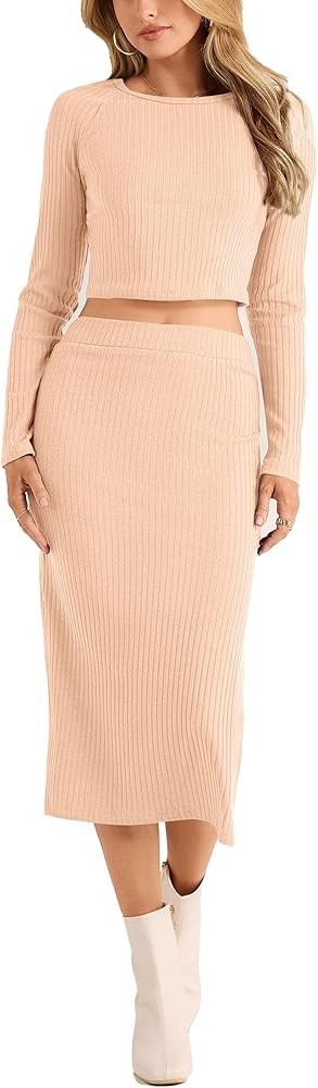 PRETTYGARDEN Women's 2024 Fall 2 Piece Outfits Tracksuit Rib Knit Crop Tops And Slit Midi Bodycon... | Amazon (US)