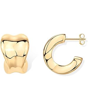 PAVOI 14K Gold Plated Sterling Silver Post Chunky Statement Hoop Earrings | Thick Lightweight Hoo... | Amazon (US)