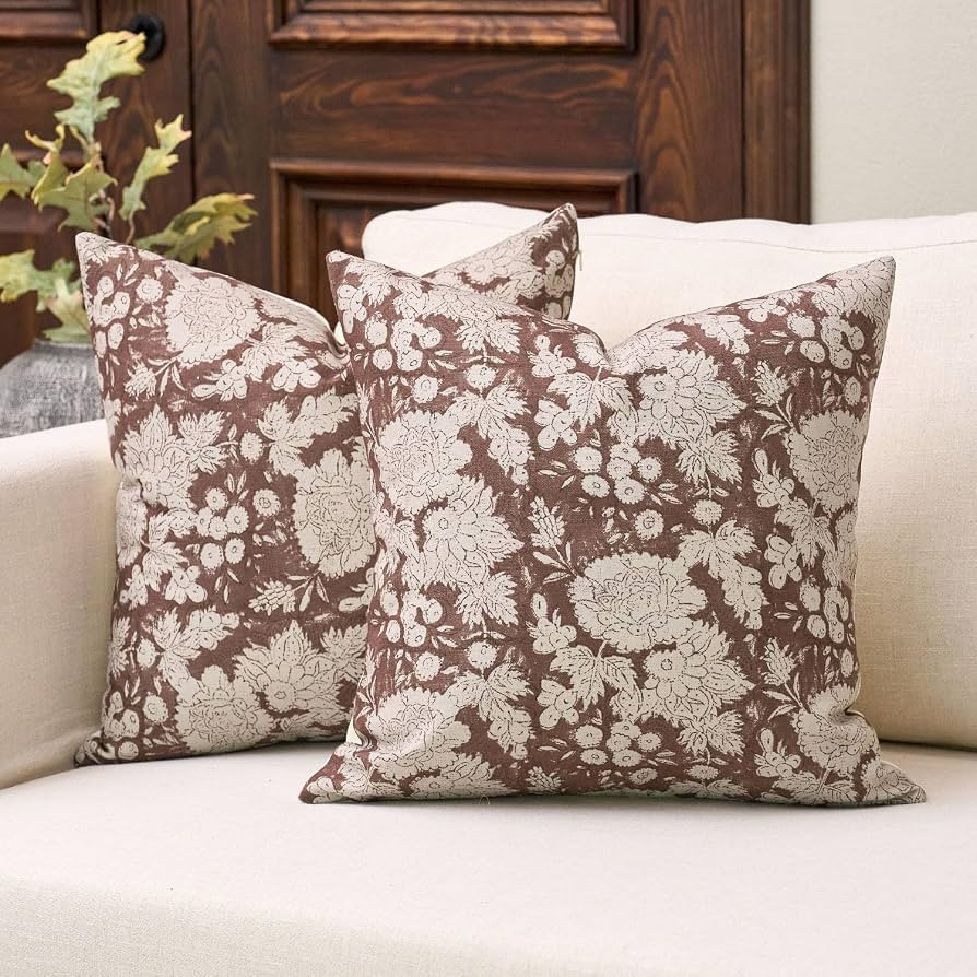 DOMVITUS Floral Pillow Covers 24x24 Set of 2, Vintage Block Print Pillow Covers Neutral Decorativ... | Amazon (US)