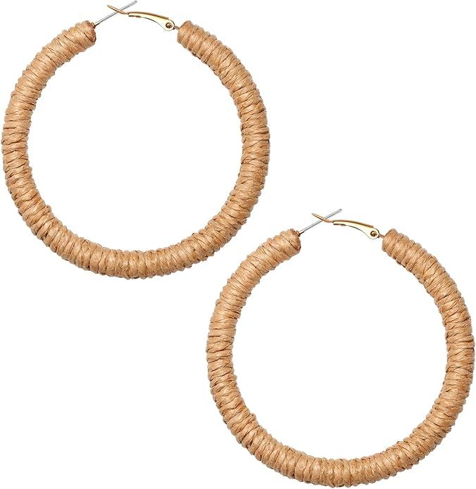 Rattan Earrings Boho Raffia Earrings For Women Handmade Woven Wicker Hoop Earrings Rattan Earring... | Amazon (US)