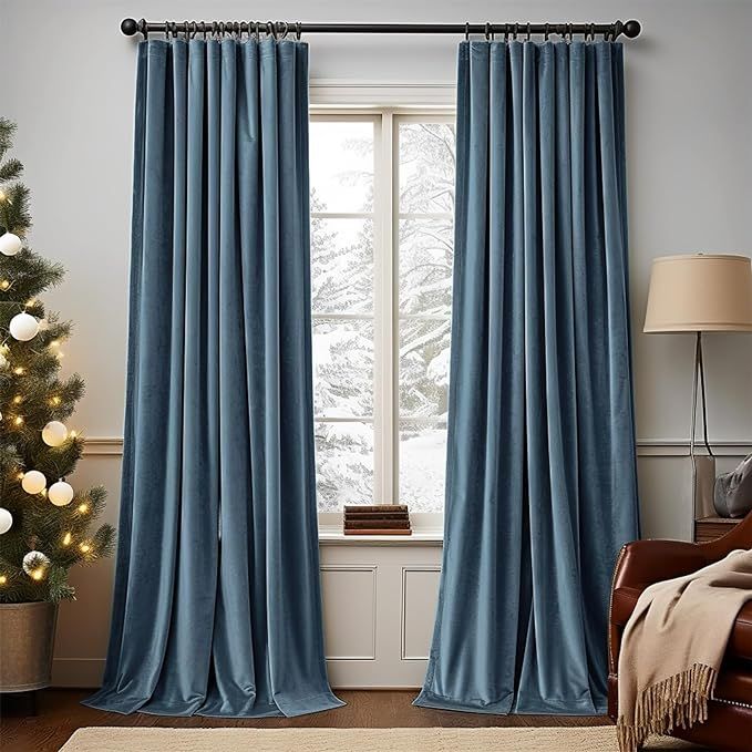 Lazzzy Blackout Velvet Curtains Blue Thermal Insulated Drapes for Dinning Room Darkening Window T... | Amazon (US)