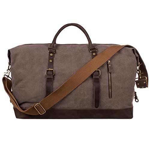 S-ZONE Oversized Canvas Genuine Leather Trim Travel Tote Duffel Shoulder Handbag Weekend Bag (Coffee | Amazon (US)