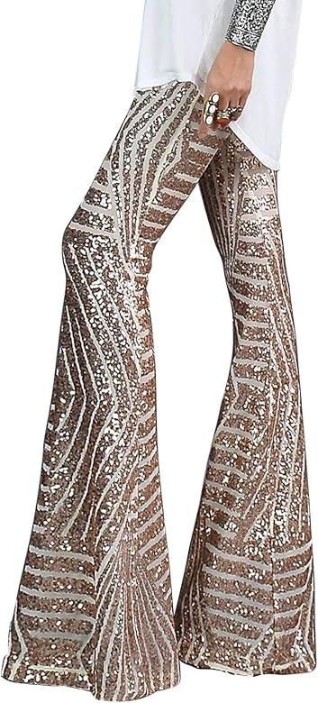 AZOKOE Women High Waist Wide Leg Palazzo Lounge Pants Sequin Bell Bottoms Trousers | Amazon (US)