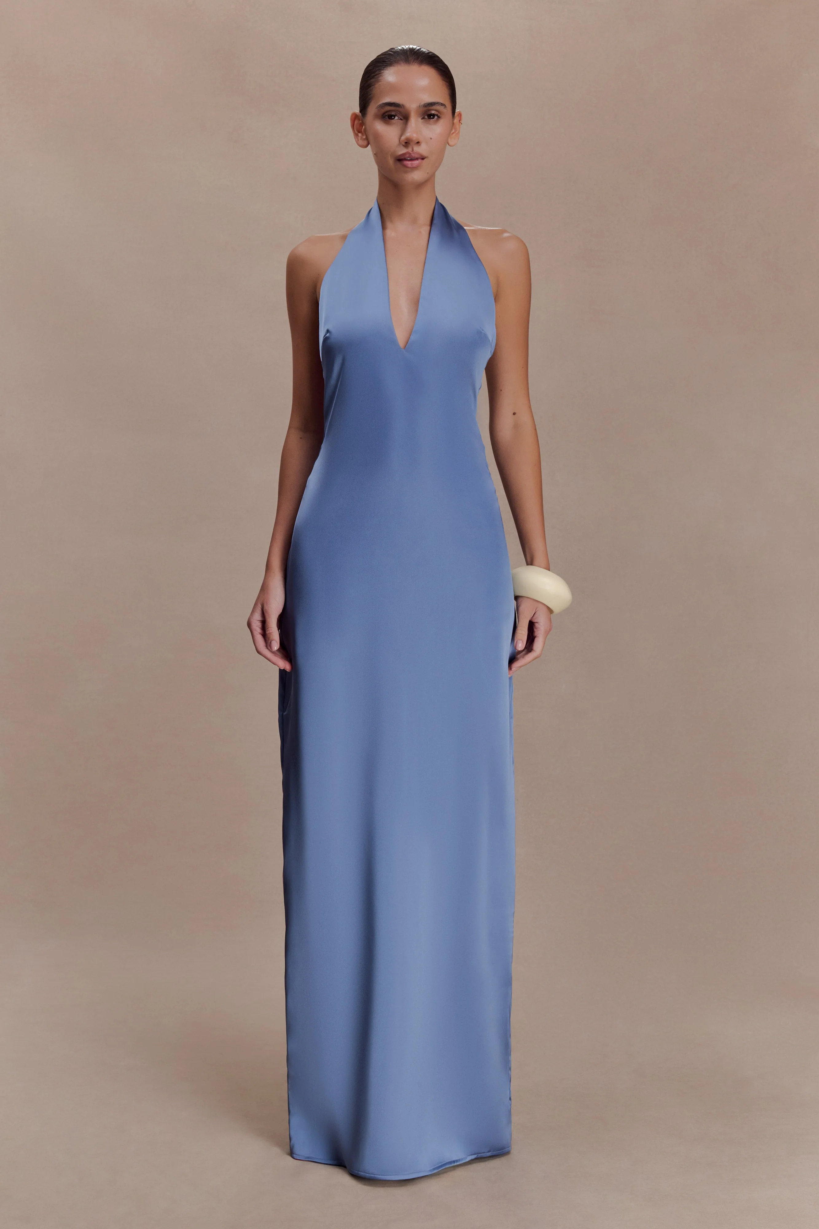 Jade Satin Halter Maxi Dress - Steel Blue | Meshki UK
