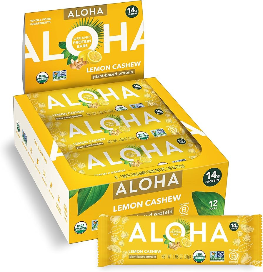 ALOHA Organic Plant Based Protein Bars - Lemon Cashew - 12-Count - Vegan, Low Sugar, Gluten-Free,... | Amazon (US)