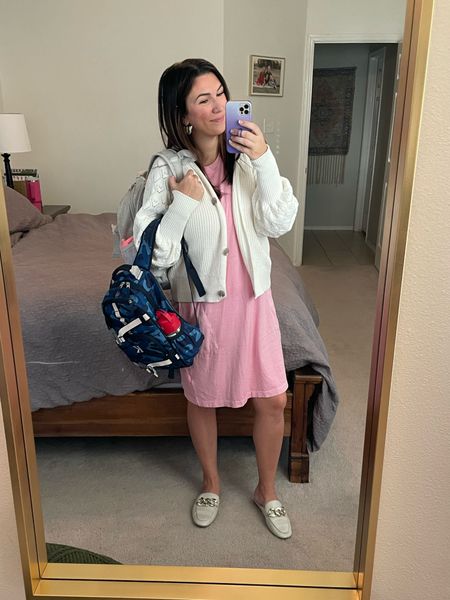 Todays work outfit! Wore my shift dress (old from old navy!) with my amazon cardigan (wearing a medium) and paired it all with my target mules 💗 

Also sharing my kids’ toddler backpacks and butterfly earrings  🦋 

#LTKunder100 #LTKworkwear #LTKshoecrush