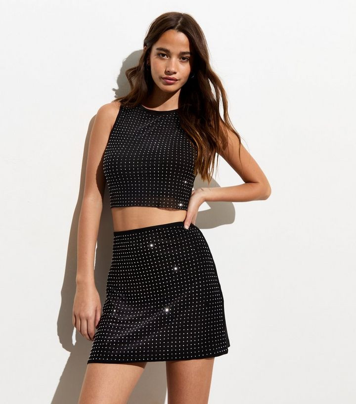 Black Rhinestone Mesh Mini Skirt | New Look | New Look (UK)