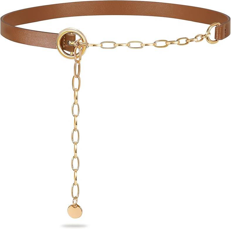 SANSTHS Women Chain Belt, Skinny Faux Leather Waist Belt with Gold Alloy O -Ring Pin Buckle for d... | Amazon (US)