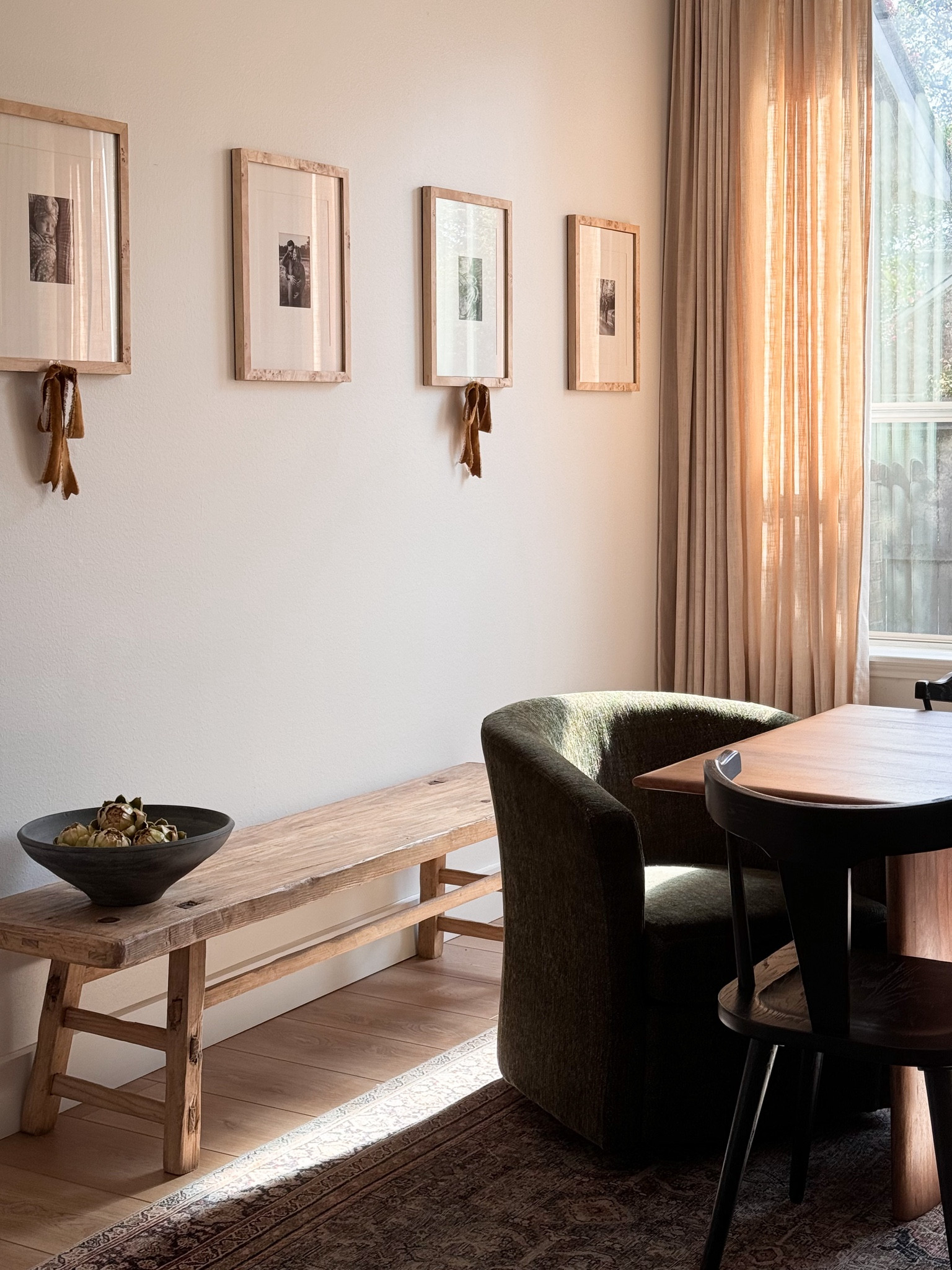 Fall Dining Room, Fall Tablescape, Gallery Wall, Burlwood Frames, Rustic Bench, Swivel Chair, Two Pages Curtains, Artichokes, Velvet Ribbon, Gold Ribbon

#LTKSeasonal #LTKHome #LTKFindsUnder50