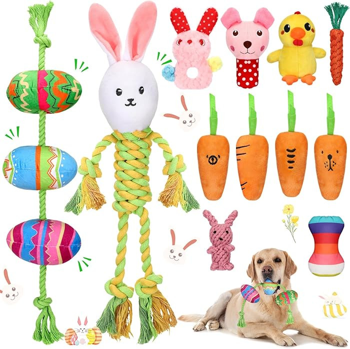 12 Pcs Easter Dog Squeaky Toys and Rope Chew Set Plush Easter Eggs Bunny Shape Stuffed Puppy Toys... | Amazon (US)