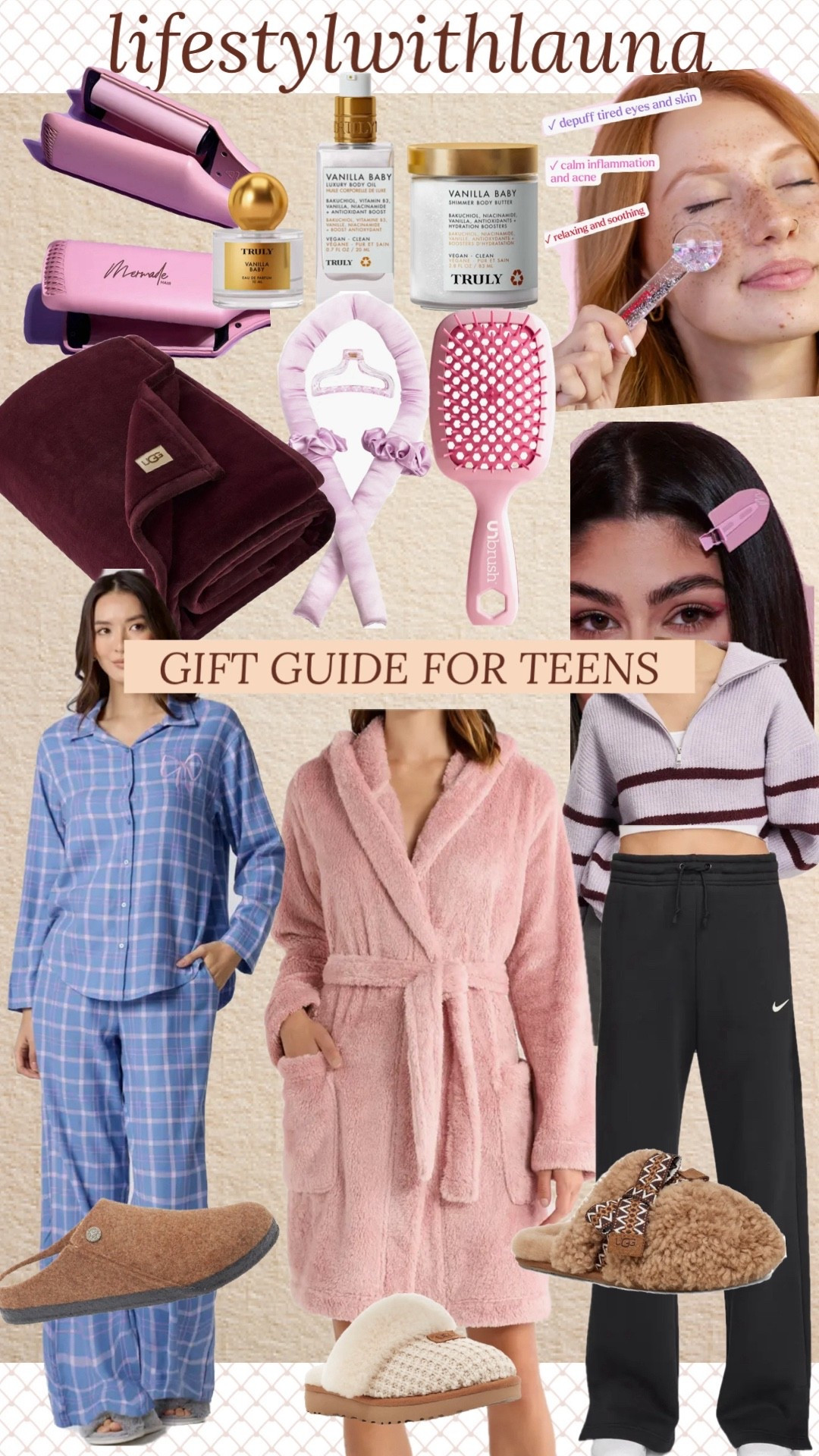 GIFT GUIDE TEEN GIRL - Homebody
UGG slippers, robes, pajama set, blanket, hairbrush, crimping iron, lounging outfit.

#blackfriday #teengirl #giftguideteen #homebodygifts #nordstrom #lifestylewithlauna

#LTKCyberWeek #LTKGiftGuide #LTKselfcare