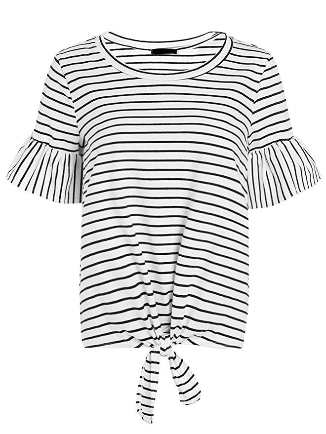 Romwe Women's Short Sleeve Tie Front Knot Casual Loose Fit Tee T-Shirt | Amazon (US)