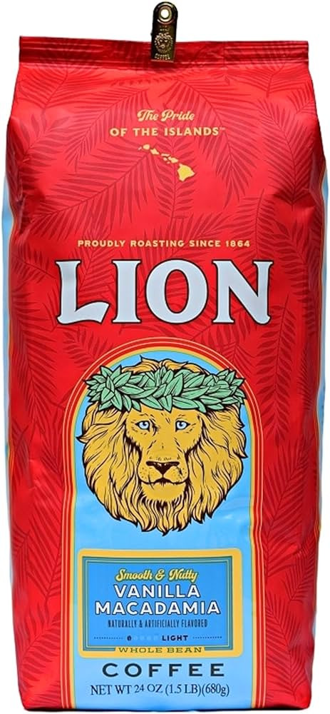 Lion Coffee, Arabica Coffee Beans, Light Roast Whole Bean Coffee, Vanilla Macadamia Flavor, A Tas... | Amazon (US)