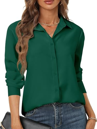 emerald green shirts for women button up long sleeve shirt v neck womens formal collared work elegant shirtwomen silky trendy sexy forrmal blouse dressy casual business blouses tops Dark Green Size XS | Amazon (US)