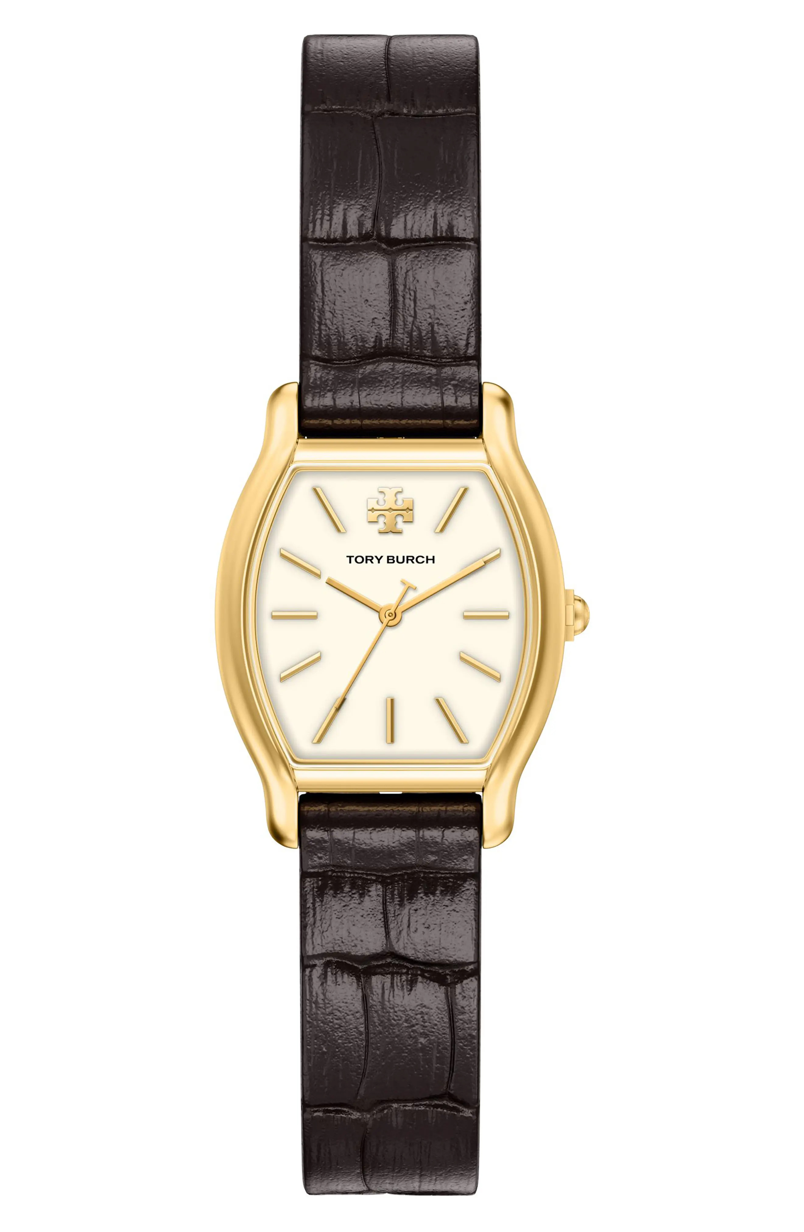 Tory Burch Eleanor Curve Faux Leather Strap Watch, 23mm x 31mm in Brown at Nordstrom | Nordstrom