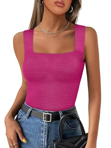 ANRABESS Tank Tops for Women 2025 Summer Square Neck Rib Knit Sleeveless Basic Slim Fit Shirts Casual Top Trendy Outfits Medium Hot Pink | Amazon (US)