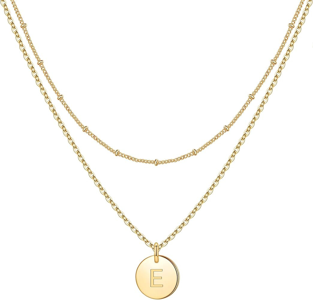 IEFWELL Gold Initial Necklaces for Women,14K Gold Filled Double Side Engraved Hammered Gold Coin Nec | Amazon (US)