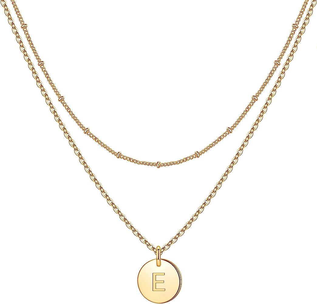 IEFWELL Gold Initial Necklaces for Women,14K Gold Filled Double Side Engraved Hammered Gold Coin Nec | Amazon (US)