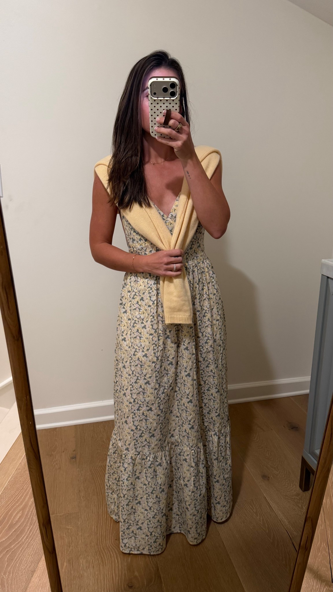 Target blue floral spring easer dress with pockets. Yellow cashmere cardigan reformation from Nordstrom. Spring sandals under $35