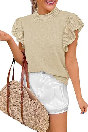 COCCKO Womens Ruffle Short Sleeve Sweater Tops Summer Oversized Business Casual Mock Neck Lightwe... | Amazon (US)