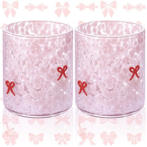 Ovveroche 2 Pcs Pink Bow Icon Juice Glass 14 oz Bow Reusable Stemless Icon Drinking Glasses Cups for Birthday Wedding Party Supplies Gift | Amazon (US)