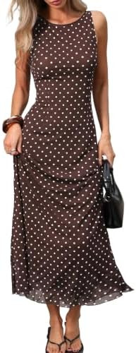 ELLEVEN Women’s Polka Dot Maxi Tank Dress, Sleeveless Boat Neck Bodycon Slim Fit Elegant Long D... | Amazon (US)