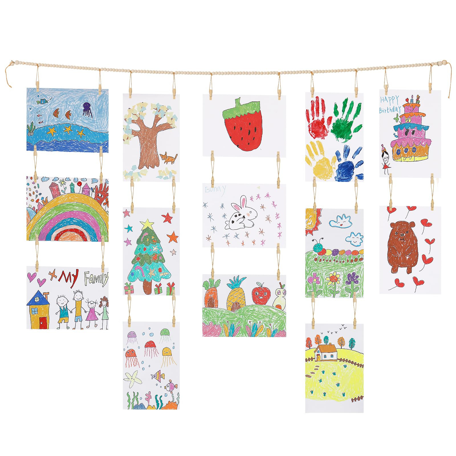 KLOGTSIND Kids Art Display Wall Decor, Wooden Beads Garland Frame Holder with 34 Clips for kids a... | Amazon (US)