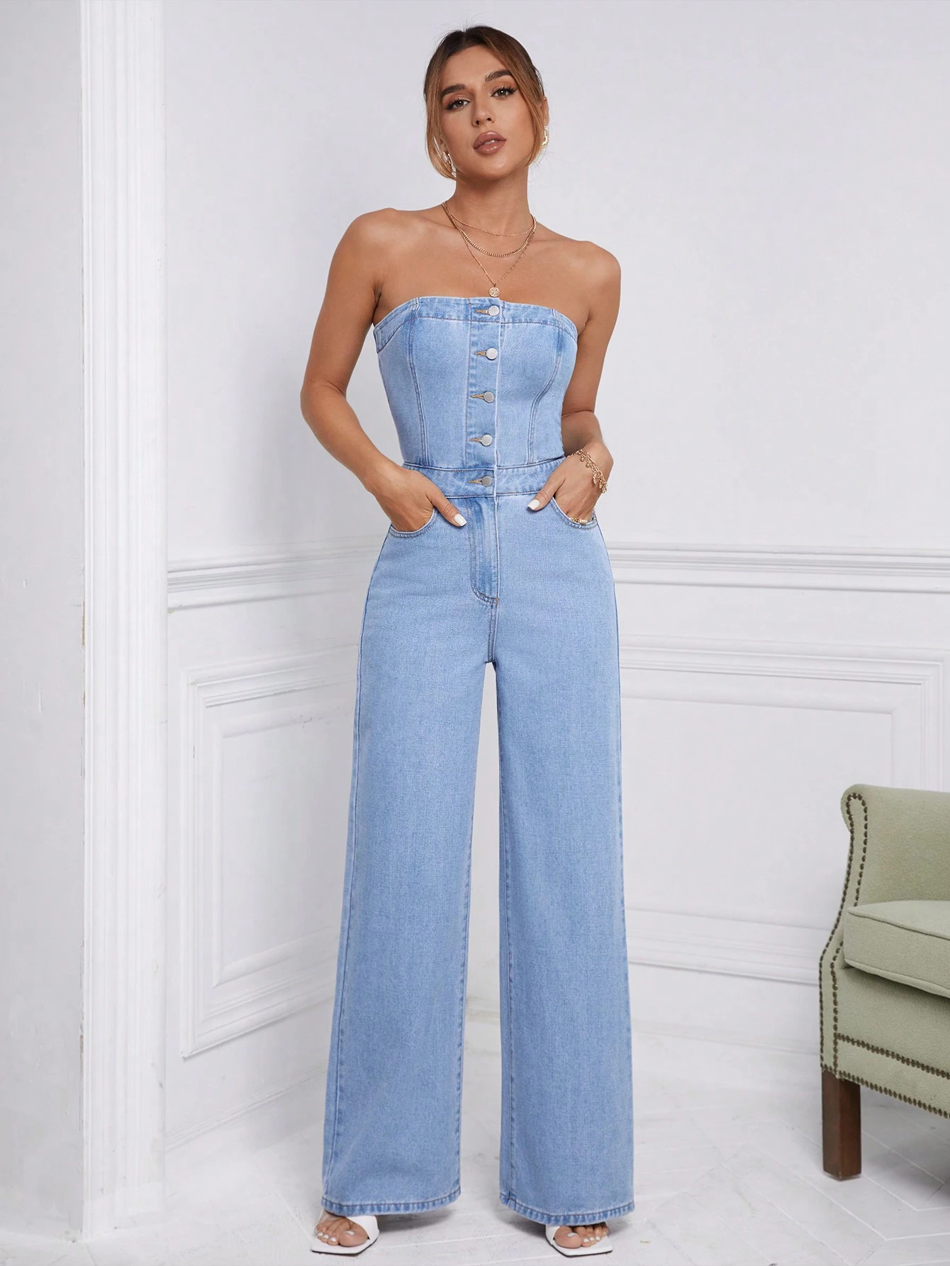 SHEIN Frenchy Button Front Tube Denim Jumpsuit | SHEIN