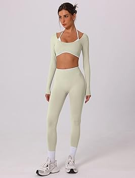 ABOCIW Workout Sets for Women Long Sleeve Crop Top Scrunch Butt Lifting High Waist Leggings 2 Pie... | Amazon (US)