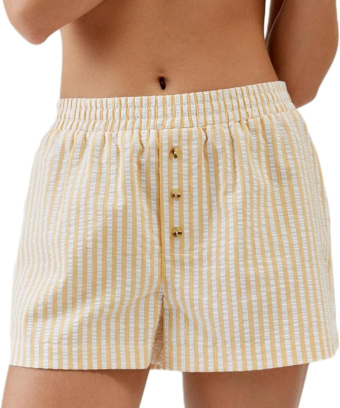 Womens Y2k Gingham Boxer Shorts Striped Plaid Elastic Low Waist Pajamas Shorts Pj Cute Lounge Bot... | Amazon (US)